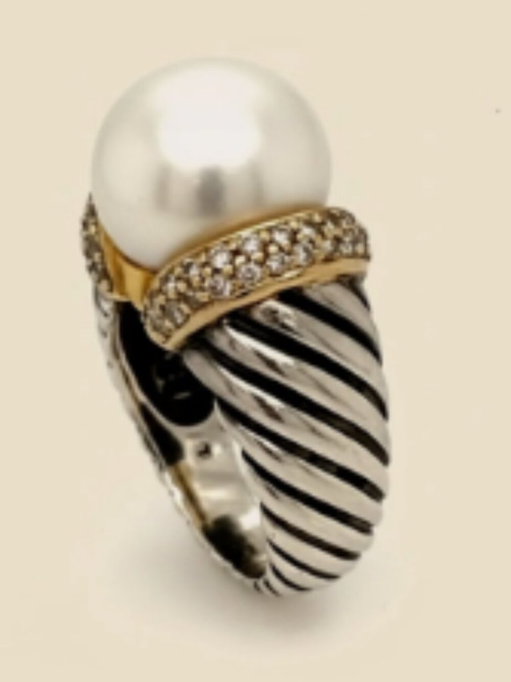 18K David Yurman  Diamond South Sea Pearl Sterling Stunning Engagement Ring